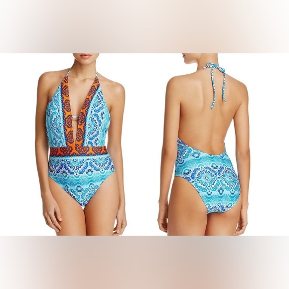 NWT La Blanca Size 10 Blue and Orange One Piece Swimsuit w/ Plunging V-Neckline - Picture 2 of 12